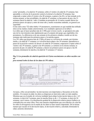60
Emmi Pikler / Moverse en Libertad
como’ promedio, a la edad de 18 semanas; sobre el vientre a la edad de 25 semanas; han
aprendido a volverse de la posición ventral a la dorsal a la edad de 30 semanas; han
empezado a reptar sobre el vientre a las 40 semanas, a gatear a las 46 y se han sentado en la
misma semana; se han arrodillado a la edad de 47 semanas; se han puesto de pie a las 51
semanas (hacia la edad de 1 año). Contaban un promedio de 16 meses cuando dieron los
primeros pasos sin apoyo y antes de tener año y medio avanzaban andando, en general con
seguridad.
Como entre estos 722 niños había 119 prematuros, examinamos en qué medida han influido
éstos en las medias citadas anteriormente. Los resultados aparecen en la tabla 6.
Los niños que al nacer pesaban más de 2.500 g por término medio, se apropiaron de cada
uno de los movimientos más rápidamente que el conjunto del grupo que englobaba a los
prematuros. La diferencia es de una semana en los primeros estadios; resulta ser de tres
semanas más tarde para los primeros pasos y la marcha segura.
Los 591 niños que pesaron más de 2.500 g al nacer se volvieron de costado, por término
medio, a la edad de 17 semanas; se volvieron hacia abajo a las 24 semanas; aprendieron a
pasar de la posición ventral a la dorsal a la edad de 29 semanas; empezaron a reptar sobre el
vientre a las 39 semanas, a gatear a las 44 semanas y a sentarse en la misma semana; se
pusieron de pie a la edad de 49 semanas y dieron sus primeros pasos sin apoyo a las 66
semanas; dominaron la marcha a la edad de 72 semanas (17 meses).
Fig. 5. Los promedios de edad de aparición de Ciertos movimientos en niños nacidos con
un
peso normal (sobre la base de los datos de 591 niños)
Así pues, cifras son promedios: las desviaciones son importantes y frecuentes en los dos
sentidos. Al avanzar en edad, los datos se dispersan en intervalos cada vez más amplios.
Mientras que en el estadio de volverse tumbado hacia abajo la desviación típica es de ± 4,5
semanas, es decir de 9 semanas, para la marcha firme es de ± 12 semanas, es decir de 24
semanas, casi 6 meses. (La disminución gradual de la dispersión relativa parece hallarse en
contradicción con estas cifras. Pero esto muestra simplemente que con relación a la edad de
los niños la divergencia con la media de los datos se hace menos importante. De la misma
manera que sucede en la desviación típica, la desviación relativa, calculada eliminando la
edad, aumenta claramente).
 