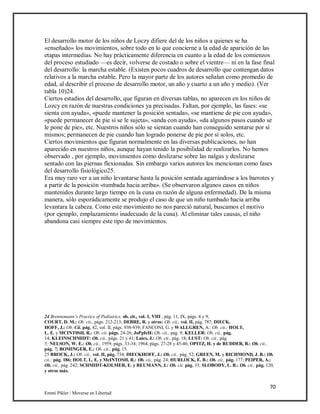 70
Emmi Pikler / Moverse en Libertad
El desarrollo motor de los niños de Loczy difiere del de los niños a quienes se ha
«enseñado» los movimientos, sobre todo en lo que concierne a la edad de aparición de las
etapas intermedias. No hay prácticamente diferencia en cuanto a la edad de los comienzos
del proceso estudiado —es decir, volverse de costado o sobre el vientre— ni en la fase final
del desarrollo: la marcha estable. (Existen pocos cuadros de desarrollo que contengan datos
relativos a la marcha estable. Pero la mayor parte de los autores señalan como promedio de
edad, al describir el proceso de desarrollo motor, un año y cuarto a un año y medio). (Ver
tabla 10)24.
Ciertos estadios del desarrollo, que figuran en diversas tablas, no aparecen en los niños de
Lozcy en razón de nuestras condiciones ya precisadas. Faltan, por ejemplo, las fases: «se
sienta con ayuda», «puede mantener la posición sentada», «se mantiene de pie con ayuda»,
«puede permanecer de pie si se le sujeta», «anda con ayuda», «da algunos pasos cuando se
le pone de pie», etc. Nuestros niños sólo se sientan cuando han conseguido sentarse por sí
mismos; permanecen de pie cuando han logrado ponerse de pie por sí solos, etc.
Ciertos movimientos que figuran normalmente en las diversas publicaciones, no han
aparecido en nuestros niños, aunque hayan tenido la posibilidad de realizarlos. No hemos
observado , por ejemplo, movimientos como deslizarse sobre las nalgas y deslizarse
sentado con las piernas flexionadas. Sin embargo varios autores los mencionan como fases
del desarrollo fisiológico25.
Era muy raro ver a un niño levantarse hasta la posición sentada agarrándose a los barrotes y
a partir de la posición «tumbada hacia arriba». (Se observaron algunos casos en niños
mantenidos durante largo tiempo en la cuna en razón de alguna enfermedad). De la misma
manera, sólo esporádicamente se produjo el caso de que un niño tumbado hacia arriba
levantara la cabeza. Como este movimiento no nos pareció natural, buscamos el motivo
(por ejemplo, emplazamiento inadecuado de la cuna). Al eliminar tales causas, el niño
abandona casi siempre este tipo de movimientos.
24 Brennemann’s Praciice of Pediairics, ob. cit., vol. 1, VIII , pág. 11, IX, págs. 4 y 9;
COURT, D. M.: Ob. cii., págs. 212-213; DEBRE, R. y otros: Ob. cii., vol. II, pág. 787; DIECK.
HOFF, J.: Ob. Cii. pág. 42, vol. II, págs. 938-939; FANCONI, G. y WALLGREN, A.: Ob. cii.; HOLT,
L. E. y MCINT0SH, R.: Ob. cii. págs. 24-26; JoPpIcH: Ob. cii., pág. 9; KELLER: Ob. cii., pág.
14; KLEINSCHMIDT: Ob. cii., págs. 21 y 41; Luics, J.: Ob. cii., pág. 18; LUST: Ob. cii., pág.
5; NELSON, W. E.: Ob. cii., 1959, págs. 33-34; 1964, págs. 27-28 y 45-46; OPITZ, H. y de RUDDER, B.: Ob. cii.,
pág. 7; ROMINGER, E.: Ob. cii., pág. 15.
25 BROCK, J.: Ob. cii., vol. II, pág. 734; DIECKHOFF, J.: Ob. cii., pág. 52; GREEN, M. y RICHMOND, J. B.: Ob.
cii.; pág. 186; HOLT, L. E. y McINTOSH, R.: Ob. cii., pág. 24; HURLOCK, E. B.: Ob. cii., pág. 177; PEIPER, A.:
Ob. cii., pág. 242; SCHMIDT-KOLMER, E. y REUMANN, J.: Ob. cii. pág. 33; SLOBODY, L. B.: Ob. cii., pág. 120,
y otros más.
 