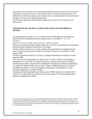 75
Emmi Pikler / Moverse en Libertad
El comienzo de un período nuevo queda determinado por la serie de edad en el curso de la
cual aparece la posición nueva o el movimiento nuevo. Cuando hay dos elementos en la
definición, uno de los dos aparece por lo menos una vez (como promedio) en los protocolos
anotados en el curso de la semana considerada.
Las cifras que siguen han sido obtenidas a partir del escrutinio de 701 protocolos de
observación.
EXPOSICION DE LOS RESULTADOS POR ETAPAS DE DESARROLLO
MOTOR
Las representaciones gráficas 8, 9 y 10 ilustran las cifras obtenidas por cada etapa de
desarrollo y por la duración total de las observaciones. (Ver tablas 11, 12 y 13).
Período 1:
desde «volverse de costado» hasta colocarse «sobre el vientre»
Durante este período los niños pueden adoptar por sí mismos dos posiciones: se mantienen
alternativamente tumbados hacia arriba o de costado.
El niño se halla tumbado hacia arriba cuando toda la superficie de la espalda descansa
sobre el suelo o bien uno de los hombros o una parte de la pelvis es levantada o vuelta
menos de 45°
El niño se encuentra tumbado de costado si el ángulo formado por su espalda y el suelo
supera los 45°
En el curso de los treinta minutos de observación, los niños cambiaron de posición un
promedio de 25 veces (CP). Con mayor frecuencia y durante más tiempo se hallaban
tumbados hacia arriba; esta posición (considerando solamente las posiciones mantenidas),
no cambió por término medio más que cada 7 minutos (PMD) para pasar a la posición
«tumbado de costado». En la que los niños permanecieron sin interrupción y como
promedio alrededor de un minuto (PMD).
La duración total del mantenimiento de las posturas (PMT), alcanzó un promedio de 27
minutos: 89 % del tiempo de la observación; de ese tiempo 23,5 minutos representan la
posición «tumbado hacia arriba».
La coexistencia en esta etapa de los 23,5 minutos del mantenimiento total del decúbito dorsal, del promedio de 7 minutos
de esta posición mantenida sin interrupción y de los 25 cambios de posición (casi uno por minuto) en el espacio de 30
minutos de observación sólo en apariencia resulta contradictoria. En realidad procede del hecho de que la distribución de
los cambios de postura en el curso de las observaciones no es regular. Esta advertencia es igualmente válida para las cifras
que caracterizan a las demás etapas.
 