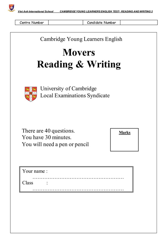 Movers reading and writing test 2 OK PDF