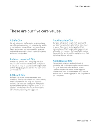 OUR CORE VALUES
More travel options don’t always equate to an
easy-to-use, interconnected system. Our goal is
to provide an easy-to-use, reliable transportation
system that gives you the options you want when
you need them.
An Interconnected City
A vibrant city is one where the streets and
sidewalks hum with economic and social activity,
where people meet and shop and enjoy the
beautiful city we live in side by side with goods
delivery and freight shipping. Our goal is to use
Seattle’s streets and sidewalks to improve the
city’s health, prosperity and happiness.
A Vibrant City
Our goal is to give all people high-quality and
low-cost transportation options that allow them
to spend their money on things other than
transportation. The transportation system in an
affordable city improves the lives of all travelers:
those with the latest model smart phones in their
pockets and those without.
An Affordable City
Demographic changes and technological
innovation are radically reshaping transportation.
Our goal is to understand and plan for the
changes of tomorrow, while delivering great
service today. This includes newer, more nimble
approaches to delivering projects and programs to
our customers.
An Innovative City
We will not accept traffic deaths as an inevitable
part of traveling together in a safe city. Our goal is
to eliminate serious and fatal crashes in Seattle.
Safety also means being prepared for a natural
disaster by seismically reinforcing our bridges to
withstand earthquakes.
A Safe City
These are our five core values.
MOVE SEATTLE 7
 