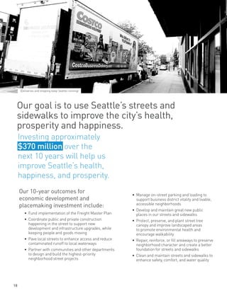 Our goal is to use Seattle’s streets and
sidewalks to improve the city’s health,
prosperity and happiness.
Our 10-year outcomes for
economic development and
placemaking investment include:
•	 Fund implementation of the Freight Master Plan
•	 Coordinate public and private construction
happening in the street to support new
development and infrastructure upgrades, while
keeping people and goods moving
•	 Pave local streets to enhance access and reduce
contaminated runoff to local waterways
•	 Partner with communities and other departments
to design and build the highest-priority
neighborhood street projects
•	 Manage on-street parking and loading to
support business district vitality and livable,
accessible neighborhoods
•	 Develop and maintain great new public
places in our streets and sidewalks
•	 Protect, preserve, and plant street tree
canopy and improve landscaped areas
to promote environmental health and
encourage walkability
•	 Repair, reinforce, or fill areaways to preserve
neighborhood character and create a better
foundation for streets and sidewalks
•	 Clean and maintain streets and sidewalks to
enhance safety, comfort, and water quality
Investing approximately
$370 million over the
next 10 years will help us
improve Seattle’s health,
happiness, and prosperity.
(Deliveries and shipping keep Seattle running)
18
 