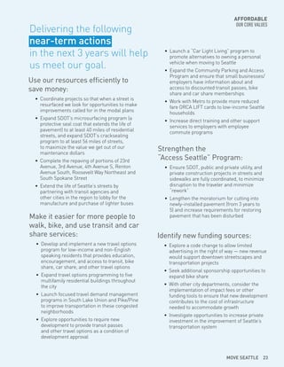 Make it easier for more people to
walk, bike, and use transit and car
share services:
•	 Develop and implement a new travel options
program for low-income and non-English
speaking residents that provides education,
encouragement, and access to transit, bike
share, car share, and other travel options
•	 Expand travel options programming to five
multifamily residential buildings throughout
the city
•	 Launch focused travel demand management
programs in South Lake Union and Pike/Pine
to improve transportation in these congested
neighborhoods
•	 Explore opportunities to require new
development to provide transit passes
and other travel options as a condition of
development approval
Use our resources efficiently to
save money:
•	 Coordinate projects so that when a street is
resurfaced we look for opportunities to make
improvements called for in the modal plans
•	 Expand SDOT’s microsurfacing program (a
protective seal coat that extends the life of
pavement) to at least 40 miles of residential
streets, and expand SDOT’s cracksealing
program to at least 56 miles of streets,
to maximize the value we get out of our
maintenance dollars
•	 Complete the repaving of portions of 23rd
Avenue, 3rd Avenue, 4th Avenue S, Renton
Avenue South, Roosevelt Way Northeast and
South Spokane Street
•	 Extend the life of Seattle’s streets by
partnering with transit agencies and
other cities in the region to lobby for the
manufacture and purchase of lighter buses
Identify new funding sources:
•	 Explore a code change to allow limited
advertising in the right of way — new revenue
would support downtown streetscapes and
transportation projects
•	 Seek additional sponsorship opportunities to
expand bike share
•	 With other city departments, consider the
implementation of impact fees or other
funding tools to ensure that new development
contributes to the cost of infrastructure
needed to accommodate growth
•	 Investigate opportunities to increase private
investment in the improvement of Seattle’s
transportation system
Strengthen the
“Access Seattle” Program:
•	 Ensure SDOT, public and private utility, and
private construction projects in streets and
sidewalks are fully coordinated, to minimize
disruption to the traveler and minimize
“rework”
•	 Lengthen the moratorium for cutting into
newly-installed pavement (from 3 years to
5) and increase requirements for restoring
pavement that has been disturbed
•	 Launch a “Car Light Living” program to
promote alternatives to owning a personal
vehicle when moving to Seattle
•	 Expand the Community Parking and Access
Program and ensure that small businesses/
employers have information about and
access to discounted transit passes, bike
share and car share memberships
•	 Work with Metro to provide more reduced
fare ORCA LIFT cards to low-income Seattle
households
•	 Increase direct training and other support
services to employers with employee
commute programs
Delivering the following
near-term actions
in the next 3 years will help
us meet our goal.
AFFORDABLE
OUR CORE VALUES
MOVE SEATTLE 23
 