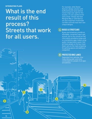 What is the end
result of this
process?
Streets that work
for all users.
BUSES & STREETCARS
Buses and streetcars provide an
affordable, convenient way to get
around. Up-to-the-minute arrival
information provided at stops and
on smartphone apps makes using
public transportation easier. And
all those people on the bus mean
fewer cars on the road competing
for parking spaces and adding to
congestion.
PROTECTED BIKE LANES
Separated from vehicles, they
make biking safer and more
comfortable for people of all ages
and abilities.
For example, while Dexter
Avenue’s design solution with
buffered bicycle lanes behind
transit stops was right for this
location, it’s not a perfect fit for
every street. Streets like East
Marginal Way or 23rd Avenue
are also important multimodal
corridors and will have their own
unique designs.
INTEGRATING PLANS
A
B
F
H
G
A
B
E
34
 