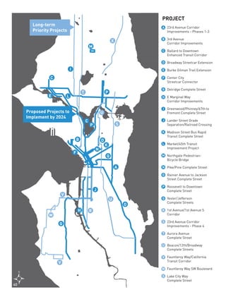 PROJECT
A 23rd Avenue Corridor
Improvements - Phases 1-3
B 3rd Avenue
Corridor Improvements
C Ballard to Downtown
Enhanced Transit Corridor
D Broadway Streetcar Extension
E Burke Gilman Trail Extension
F Center City
Streetcar Connector
G Delridge Complete Street
H E Marginal Way
Corridor Improvements
I Greenwood/Phinney/67th to
Fremont Complete Street
J Lander Street Grade
Separation/Railroad Crossing
K Madison Street Bus Rapid
Transit Complete Street
L Market/45th Transit
Improvement Project
M Northgate Pedestrian-
Bicycle Bridge
N Pike/Pine Complete Street
O Rainier Avenue to Jackson
Street Complete Street
P Roosevelt to Downtown
Complete Street
Q Yesler/Jefferson
Complete Streets
R 1st Avenue/1st Avenue S
Corridor
S 23rd Avenue Corridor
Improvements - Phase 4
T Aurora Avenue
Complete Street
U Beacon/12th/Broadway
Complete Streets
V Fauntleroy Way/California
Transit Corridor
Fauntleroy Way SW Boulevard
X Lake City Way
Complete Street
Proposed Projects to
Implement by 2024
Long-term
Priority Projects
P
P
C
C
F
B D
K
Q
J
H
G
A
O
N
E L
M
I
U
U
V
V
W
R
S
T
X
A
B
C
D
E
F
G
H
I
J
K
L
M
N
O
P
Q
R
S
T
U
V
W
X
40
 