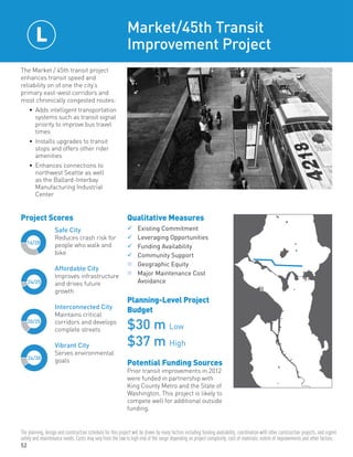 52
Project Scores
The Market / 45th transit project
enhances transit speed and
reliability on of one the city’s
primary east-west corridors and
most chronically congested routes:
•	 Adds intelligent transportation
systems such as transit signal
priority to improve bus travel
times
•	 Installs upgrades to transit
stops and offers other rider
amenities
•	 Enhances connections to
northwest Seattle as well
as the Ballard-Interbay
Manufacturing Industrial
Center
Market/45th Transit
Improvement Project
Qualitative Measures
	Existing Commitment	
	Leveraging Opportunities	
	Funding Availability	
	Community Support	
n	Geographic Equity
n	Major Maintenance Cost
	Avoidance
Planning-Level Project
Budget
$30 m Low
$37 m High
Potential Funding Sources
Prior transit improvements in 2012
were funded in partnership with
King County Metro and the State of
Washington. This project is likely to
compete well for additional outside
funding.
24/25
20/25
24/30
14/20
Safe City
Reduces crash risk for
people who walk and
bike
Affordable City
Improves infrastructure
and drives future
growth
Interconnected City
Maintains critical
corridors and develops
complete streets
Vibrant City
Serves environmental
goals
L
The planning, design and construction schedule for this project will be driven by many factors including funding availability, coordination with other construction projects, and urgent
safety and maintenance needs. Costs may vary from the low to high end of the range depending on project complexity, cost of materials, extent of improvements and other factors.
 