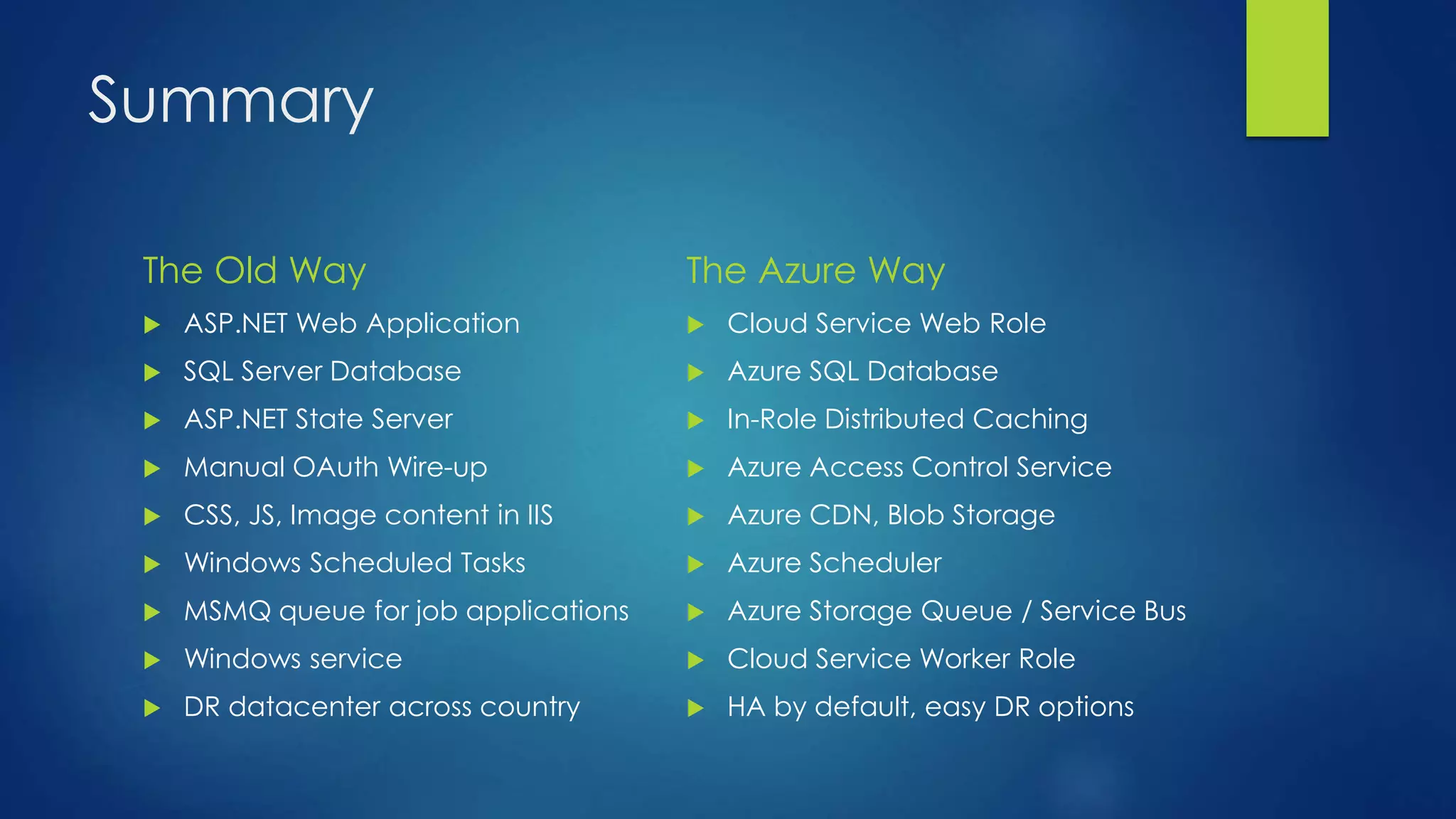 Summary
The Old Way
 ASP.NET Web Application
 SQL Server Database
 ASP.NET State Server
 Manual OAuth Wire-up
 CSS, JS, Image content in IIS
 Windows Scheduled Tasks
 MSMQ queue for job applications
 Windows service
 DR datacenter across country
The Azure Way
 Cloud Service Web Role
 Azure SQL Database
 In-Role Distributed Caching
 Azure Access Control Service
 Azure CDN, Blob Storage
 Azure Scheduler
 Azure Storage Queue / Service Bus
 Cloud Service Worker Role
 HA by default, easy DR options
 