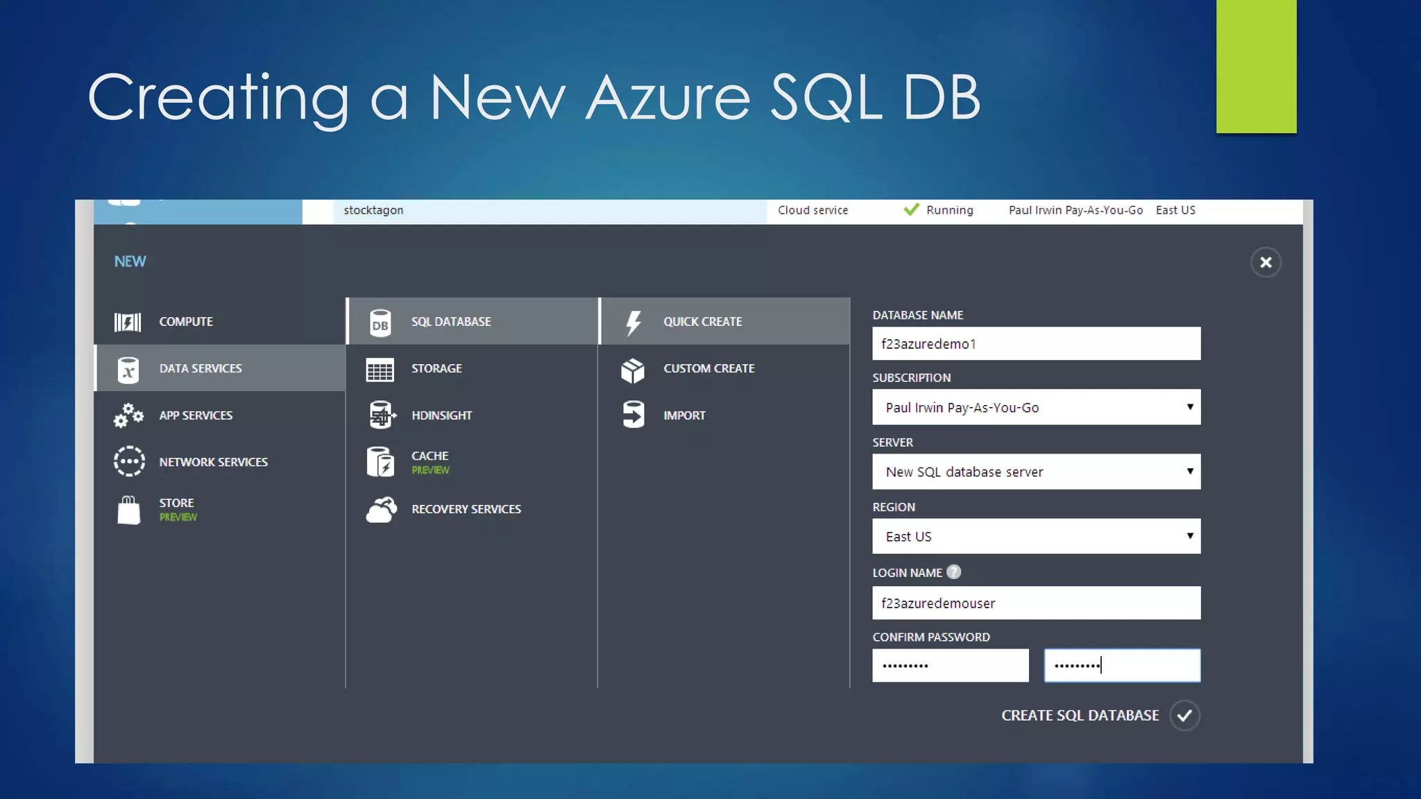 Creating a New Azure SQL DB
 
