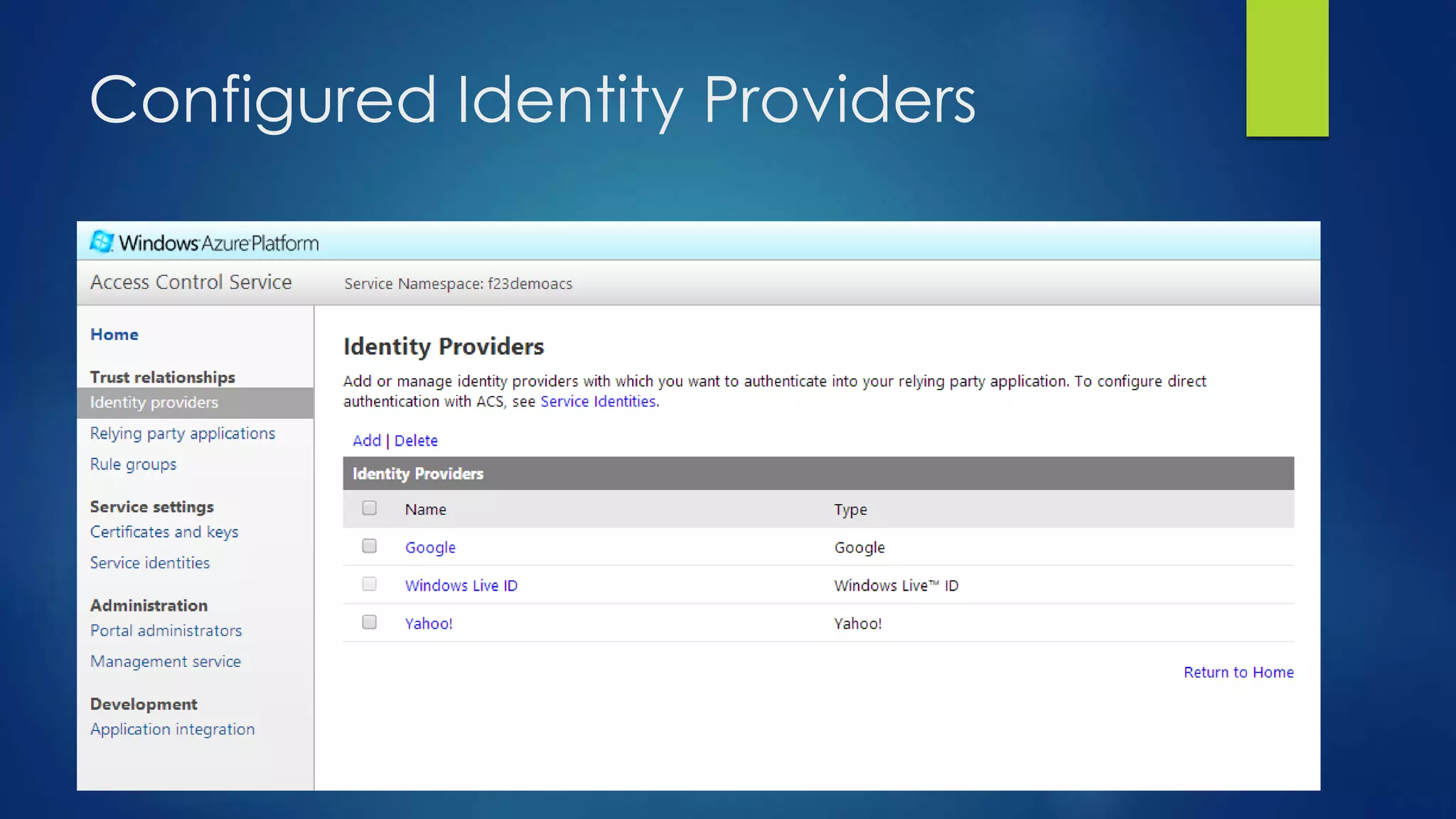 Configured Identity Providers
 