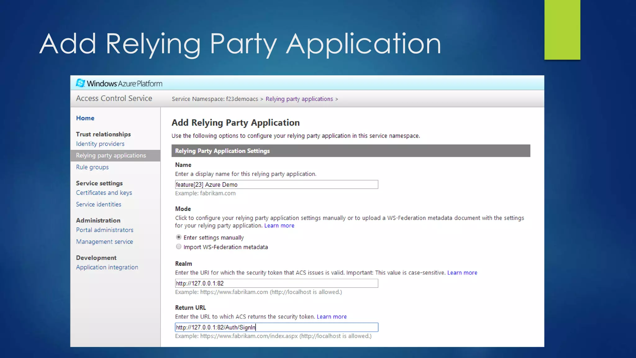Add Relying Party Application
 