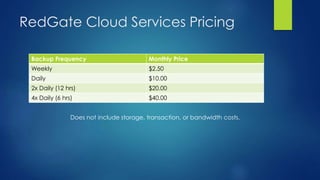 RedGate Cloud Services Pricing
Backup Frequency Monthly Price
Weekly $2.50
Daily $10.00
2x Daily (12 hrs) $20.00
4x Daily (6 hrs) $40.00
Does not include storage, transaction, or bandwidth costs.
 
