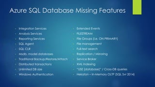 Azure SQL Database Missing Features
• Integration Services
• Analysis Services
• Reporting Services
• SQL Agent
• SQL CLR
• Msdb, model databases
• Traditional Backup/Restore/Attach
• Distributed transactions
• Unlimited DB size
• Windows Authentication
• Extended Events
• FILESTREAM
• File Groups (i.e. ON PRIMARY)
• File management
• Full-text search
• Replication / Mirroring
• Service Broker
• XML Indexing
• “USE [database]” / Cross-DB queries
• Hekaton – In-Memory OLTP (SQL Svr 2014)
 