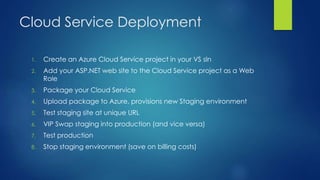 Cloud Service Deployment
1. Create an Azure Cloud Service project in your VS sln
2. Add your ASP.NET web site to the Cloud Service project as a Web
Role
3. Package your Cloud Service
4. Upload package to Azure, provisions new Staging environment
5. Test staging site at unique URL
6. VIP Swap staging into production (and vice versa)
7. Test production
8. Stop staging environment (save on billing costs)
 