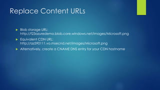 Replace Content URLs
 Blob storage URL:
http://f23azuredemo.blob.core.windows.net/images/Microsoft.png
 Equivalent CDN URL:
http://az590111.vo.msecnd.net/images/Microsoft.png
 Alternatively, create a CNAME DNS entry for your CDN hostname
 