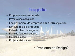 Tragédia Empresa nao preparada.  Proje to nao adequado. Foco principal da empresa em  ou tro  segmento Dificuldade de produçao Falta de plano de negócio Falta de folego financeiro Mercado longe Projetos visionários Problema de Design? 