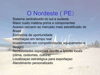 O Nordeste ( PE ) Sistema centralizado no sul e sudeste. Maior custo matéria prima e componentes Acesso cercano ao mercado mais estratificado do Brasil Economia de oportunidade Informaçao em tempo real Investimento em competitividade( equipamento e design) Necessidades especiais devido a fatores locais (clima, costumes, cultura) Localizaçao estratégica para exportaçao Atendimento personalizado 