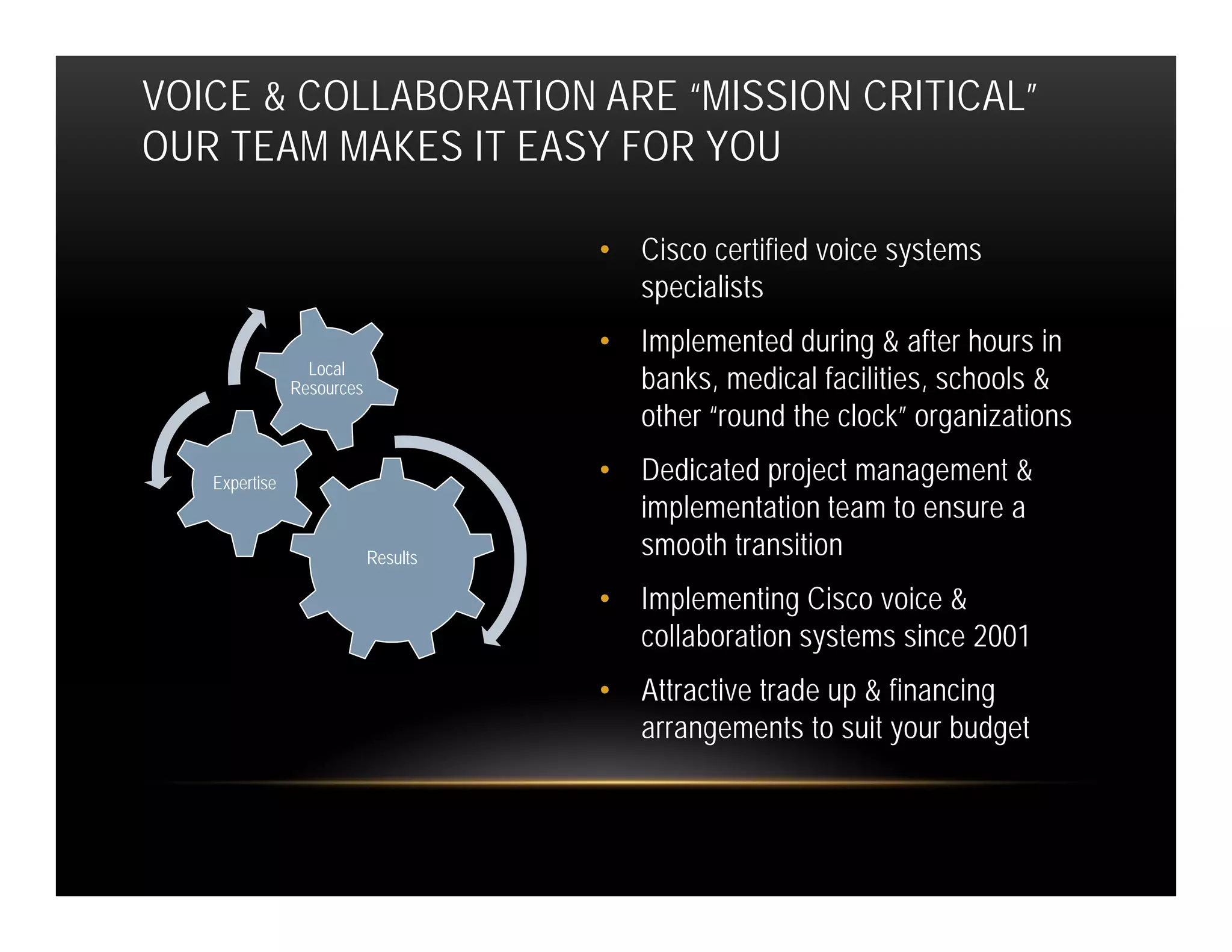 VOICE & COLLABORATION ARE “MISSION CRITICAL”
OUR TEAM MAKES IT EASY FOR YOU

                                     •   Cisco certified voice systems
                                         specialists
                                     •   Implemented during & after hours in
                 Local
               Resources                 banks, medical facilities, schools &
                                         other “round the clock” organizations

   Expertise                         •   Dedicated project management &
                                         implementation team to ensure a
                           Results       smooth transition
                                     •   Implementing Cisco voice &
                                         collaboration systems since 2001
                                     •   Attractive trade up & financing
                                         arrangements to suit your budget
 