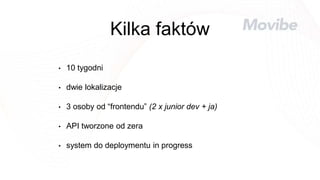 Kilka faktów
• 10 tygodni
• dwie lokalizacje
• 3 osoby od “frontendu” (2 x junior dev + ja)
• API tworzone od zera
• system do deploymentu in progress
 