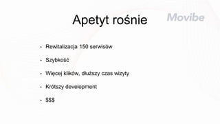 Apetyt rośnie
• Rewitalizacja 150 serwisów
• Szybkość
• Więcej klików, dłuższy czas wizyty
• Krótszy development
• $$$
 