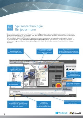 66
Eigenschaftenfenster.
Einfache und instinktive Konfiguration
der gewählten Objekte oder Ressourcen.
Frei positionierbare
Werkzeugleisten und
Statusleiste mit Systeminfos.
Der Arbeitsbereich (Workspace) von Movicon ™ 11 ist das Ergebnis von Ergonomiestudien, die eine angenehme, einfache
Verwendung garantieren. Die Verfügbarkeit aller Werkzeuge und Funktionen in derselben Umgebung trägt zur deutlichen
Reduzierung der Entwicklungszeiten bei.
Der „intelligente“ Editor, die integrierten Selbstkonfigurations-Tools und die Tag-Importfunktionen machen Movicon™
11 unübertrefflich in punkto Benutzerfreundlichkeit und intuitive Bedienung. Projektieren ist mit Movicon™ 11 schnell zu
erlernen und angenehm. Optisch überzeugende Ergebnisse sind in kürzester Zeit erzielbar. Ihre Investitionen sind also
gesichert.
Spitzentechnologie
für jedermann
Werkzeugkasten,
Objektbibliothek,
Grafiksymbolbibliothek,
Vorlagenbibliothek.
XML-Editor: Zugriff auf die
XML-Struktur des Objektes.
Refactoring für die automatische
Fehlerkorrektur.
Projekt-Explorer.
Einfacher Zugriff auf alle
Projektressourcen.
Ressourcen-kontextuelle
Befehlssteuerung.
Integrierter
Sprachen-Editor
(VBA-Skriptsprache,
VB.Net-Sprache oder AWL).
Ausgabefenster für die
Rückverfolgbarkeit aller Operationen
sowohl während der Entwicklung als
auch in der Laufzeit.
Grafik-Editor und Prozessbild-
Arbeitsbereich oder IEC-
1131-Programmiersprachen-
Bereich.
 