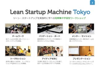 3	
  

Lean Startup Machine Tokyo
リーン・スタートアップを実践的に学べる短期集中学習型ワークショップ

photo	
  

photo	
  

photo	
  

チームワーク

バリデーション・ボード

メンター・セッション

各チームは3⽇日間に渡ってリーン・
スタートアップを体験。

顧客開発からアイディアの発展を⼀一
枚のキャンバス上で検証。

経験豊富なメンター陣が各チームを
廻ってアドバイス。

photo	
  
トークセッション
各界の著名⼈人を招き、トークセッ
ションやQ&Aセションを開催。

photo	
  
アイディアを形に
3⽇日間に渡るワークショップを得て、
各チームが⾃自⾝身のアディアを発表。

photo	
  
プレゼンテーション
ユーザインタビューやランディング
ページの作り⽅方などをレクチャー。

 