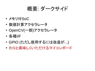 概要: ダークサイド
●
メモリ付SoC
●
数値計算アクセラレータ
●
OpenCV(一部)アクセラレータ
●
各種I/F
●
GPIO (ただし使用するには改造が...)
●
わりと美味しくいただけるマイコンボード
 
