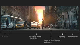 Two way Carriageway
(No divider)
Car parking
Car parking Pedestrian path
Barriers provided along the
parking lane
 