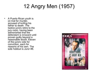 12 Angry Men (1957) A Puerto Rican youth is on trial for murder, accused of knifing his father to death. The twelve jurors retire to the jury room, having been admonished that the defendant is innocent until proven guilty beyond a reasonable doubt. Eleven of the jurors vote for conviction, each for reasons of his own. The sole holdout is Juror #8.  