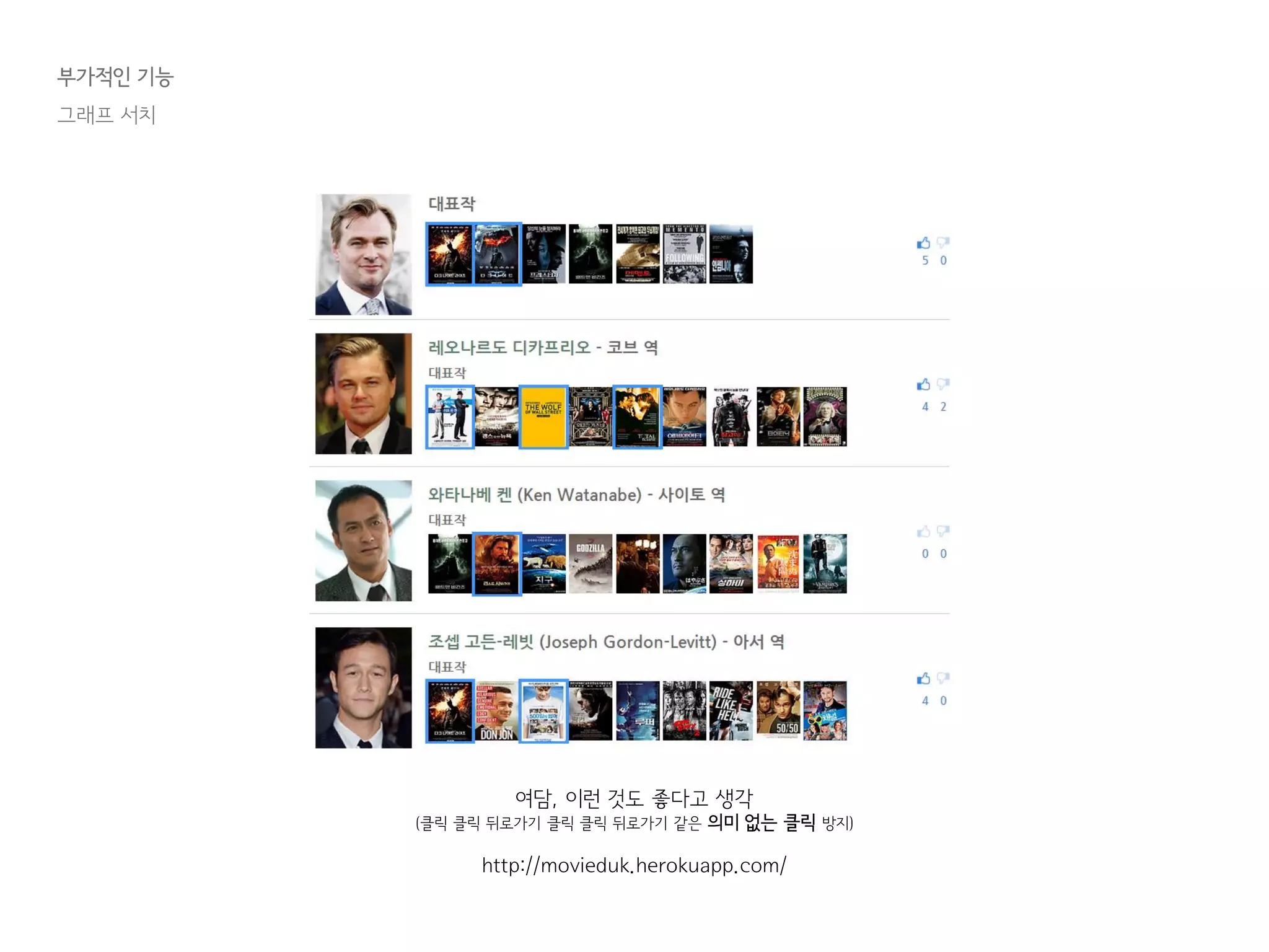 부가적인 기능
그래프 서치
여담, 이런 것도 좋다고 생각
(클릭 클릭 뒤로가기 클릭 클릭 뒤로가기 같은 의미 없는 클릭 방지)
http://movieduk.herokuapp.com/
 