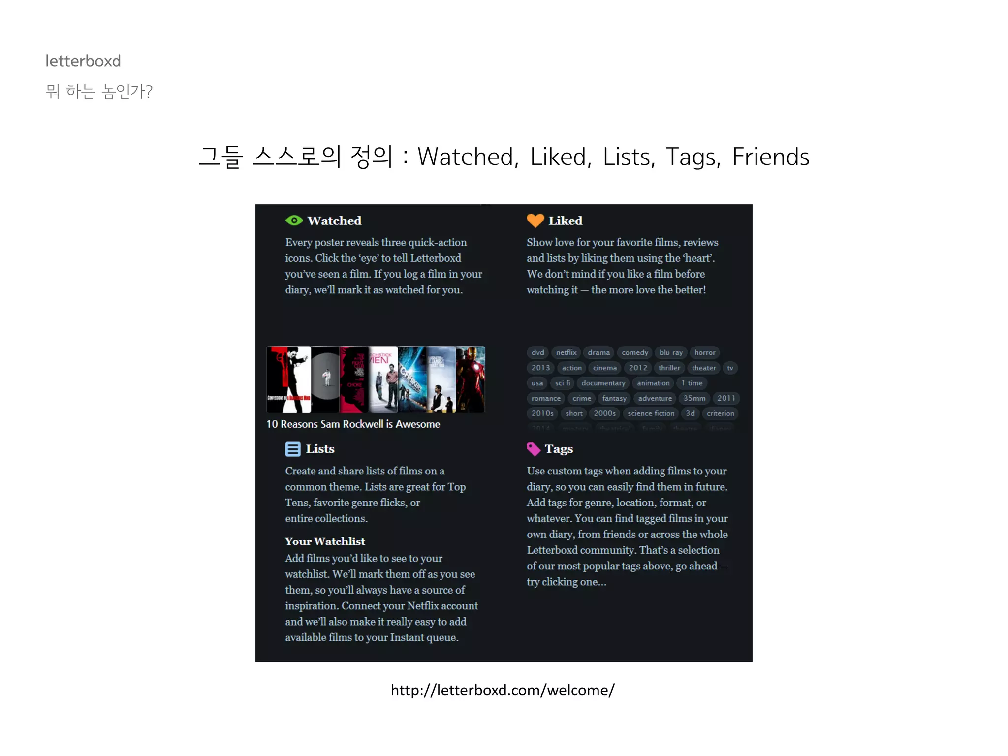 letterboxd
뭐 하는 놈인가?
그들 스스로의 정의 : Watched, Liked, Lists, Tags, Friends
http://letterboxd.com/welcome/
 