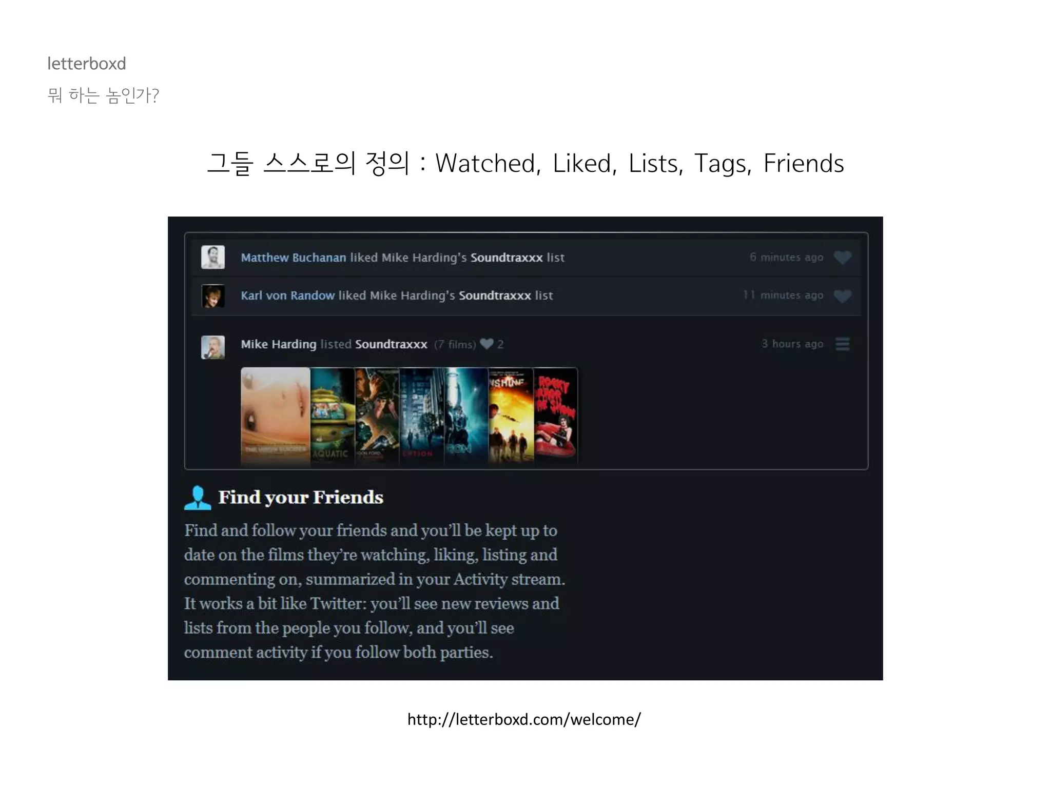 letterboxd
뭐 하는 놈인가?
그들 스스로의 정의 : Watched, Liked, Lists, Tags, Friends
http://letterboxd.com/welcome/
 