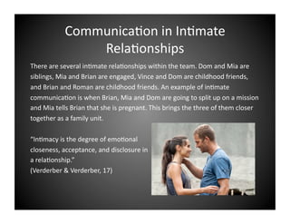 Communica9on in In9mate 
Rela9onships 
There are several in9mate rela9onships within the team. Dom and Mia are 
siblings, Mia and Brian are engaged, Vince and Dom are childhood friends, 
and Brian and Roman are childhood friends. An example of in9mate 
communica9on is when Brian, Mia and Dom are going to split up on a mission 
and Mia tells Brian that she is pregnant. This brings the three of them closer 
together as a family unit.  
“In9macy is the degree of emo9onal  
closeness, acceptance, and disclosure in 
a rela9onship.”  
(Verderber & Verderber, 17) 

 