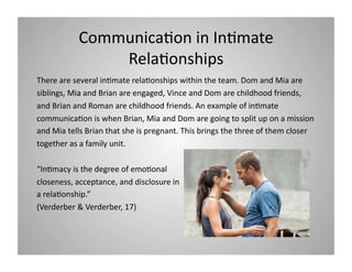 Communica9on in In9mate 
Rela9onships 
There are several in9mate rela9onships within the team. Dom and Mia are 
siblings, Mia and Brian are engaged, Vince and Dom are childhood friends, 
and Brian and Roman are childhood friends. An example of in9mate 
communica9on is when Brian, Mia and Dom are going to split up on a mission 
and Mia tells Brian that she is pregnant. This brings the three of them closer 
together as a family unit.  
“In9macy is the degree of emo9onal  
closeness, acceptance, and disclosure in 
a rela9onship.”  
(Verderber & Verderber, 17) 

 