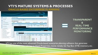 VTI’S MATURE SYSTEMS & PROCESSES
        ORACLE-BASED ENTERPRISE PLANNING




    VTI has one of the most advanced Oracle-based enterprise planning software that generates
    detailed business data relating to Hotel Properties, movie rentals, Set Top Box (STB) inventory, etc.

VALUABLE TECHNOLOGIES, INC.| FOR PRIVATE
CIRCULATION ONLY                                                                                       Slide 22
 