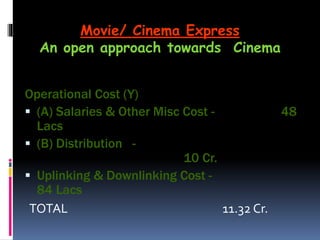 Operational Cost (Y)
 (A) Salaries & Other Misc Cost - 48
Lacs
 (B) Distribution -
10 Cr.
 Uplinking & Downlinking Cost -
84 Lacs
TOTAL 11.32 Cr.
Movie/ Cinema Express
An open approach towards Cinema
 