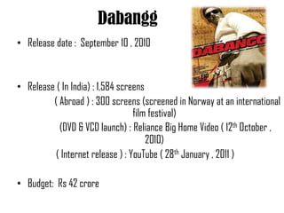 Dabangg
• Release date : September 10 , 2010


• Release ( In India) : 1,584 screens
         ( Abroad ) : 300 screens (screened in Norway at an international
                                  film festival)
           (DVD & VCD launch) : Reliance Big Home Video ( 12th October ,
                                      2010)
          ( Internet release ) : YouTube ( 28th January , 2011 )

• Budget: Rs 42 crore
 