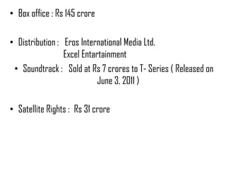 • Box office : Rs 145 crore

• Distribution : Eros International Media Ltd.
                 Excel Entartainment
 • Soundtrack : Sold at Rs 7 crores to T- Series ( Released on
                            June 3, 2011 )

• Satellite Rights : Rs 31 crore
 