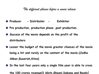 The different phases before a movie release


Producer       - Distributer   -      Exhibiter

Pre production, production phase ,post production.

Success of the movie depends on the profit of the

distributers

Lesser the budget of the movie greater chances of the movie

being a hit and rarely on the content of the movie.(Jodha

Akbar,Guzarish,Kites)

In the last four years only a single film year is able to cross

the 100 crores revenue(3 idiots,Ghazni,Dabang and Ready)
 