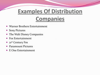 Examples Of Distribution
Companies
 Warner Brothers Entertainment

 Sony Pictures
 The Walt Disney Companies
 Fox Entertainment
 21st Century Fox

 Paramount Pictures
 E One Entertainment

 