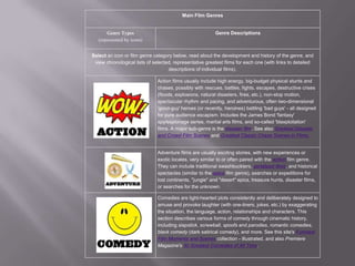 Main Film Genres


       Genre Types                                        Genre Descriptions
   (represented by icons)


Select an icon or film genre category below, read about the development and history of the genre, and
 view chronological lists of selected, representative greatest films for each one (with links to detailed
                                    descriptions of individual films).

                               Action films usually include high energy, big-budget physical stunts and
                               chases, possibly with rescues, battles, fights, escapes, destructive crises
                               (floods, explosions, natural disasters, fires, etc.), non-stop motion,
                               spectacular rhythm and pacing, and adventurous, often two-dimensional
                               'good-guy' heroes (or recently, heroines) battling 'bad guys' - all designed
                               for pure audience escapism. Includes the James Bond 'fantasy'
                               spy/espionage series, martial arts films, and so-called 'blaxploitation'
                               films. A major sub-genre is the disaster film. See also Greatest Disaster
                               and Crowd Film Scenes and Greatest Classic Chase Scenes in Films.


                               Adventure films are usually exciting stories, with new experiences or
                               exotic locales, very similar to or often paired with the action film genre.
                               They can include traditional swashbucklers, serialized films, and historical
                               spectacles (similar to the epics film genre), searches or expeditions for
                               lost continents, "jungle" and "desert" epics, treasure hunts, disaster films,
                               or searches for the unknown.

                               Comedies are light-hearted plots consistently and deliberately designed to
                               amuse and provoke laughter (with one-liners, jokes, etc.) by exaggerating
                               the situation, the language, action, relationships and characters. This
                               section describes various forms of comedy through cinematic history,
                               including slapstick, screwball, spoofs and parodies, romantic comedies,
                               black comedy (dark satirical comedy), and more. See this site's Funniest
                               Film Moments and Scenes collection - illustrated, and also Premiere
                               Magazine's 50 Greatest Comedies of All Time.
 