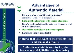 Advantages of  Authentic Material Expose students to different contexts of communication. (real discourse) Enhance the classroom with varied situations. Reinforce the relationship between the real world and the classroom. Offer clear examples of different registers Language change is reflected Material that is relevant to the students’ life and personal interests Authentic material is perceived by the learner as useful, lifelike, and interesting.   