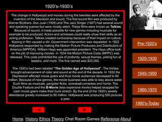 1920’s-1930’s
  The change in Hollywood and movies during the twenties were affected by the
    invention of the television and sound. The first sound film was produced by
Warner Brothers. Don Juan (1926) and The Jazz Singer (1927) had several sound
and speaking scenes but were mostly silent. These films were known as Talkies.
     Because of sound, it made possible for new genres including musicals for
example to be produced. Actors and actresses could really show their skills as an
acting profession. Talkies created controversy because of their impact on culture.
  Kissing in film caused a stir. Government intervention was requested. In 1922
Hollywood responded by making the Motion Picture Producers and Distributors of
                                                                                      Pre-1920’s
 America (MPPDA). William Hays was appointed president. The Hays office took
  on the job of improving movies. In 1934 the Motion Picture Code (MPPC) was
 released. This code prohibited the use of profanity, sexual themes, poking fun at
                                                                                      1920-1930
                  leaders, and more. The fine carried was $25,000.

   The 1930’s had been labeled “The Golden Age of Hollywood”. The thirties
 brought advancement of color and sound at the end of the decade. In 1932 the         1940-1950
   Depression affected movie goers and thus movie audiences decreased to 60
million. Because of new genres, the movie business was able to stay above water.
    Such films as musicals, gangster flicks, screwball comedies and horror. The
   Double Feature and the B-Movie (less expensive movie) helped strapped for
     cash movie goers make their buck stretch. By the end of the 1930’s weekly        1960-1970
attendance greatly increased to 80 million. Hollywood was producing 500 pictures
                                      a year.
                                                                                     1980’s-Today


  Home History Ethics Theory Chat Room Games Reference About
 