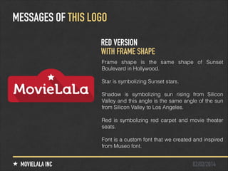 MESSAGES OF THIS LOGO
RED VERSION
WITH FRAME SHAPE
Frame shape is the same shape of Sunset
Boulevard in Hollywood.
!
Star is symbolizing Sunset stars.
!
Shadow is symbolizing sun rising from Silicon
Valley and this angle is the same angle of the sun
from Silicon Valley to Los Angeles.
!
Red is symbolizing red carpet and movie theater
seats.
!
Font is a custom font that we created and inspired
from Museo font.

MOVIELALA INC

02/02/2014

 