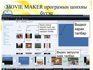 MOVIE MAKER програмын цонхны
бүтэц
Видеог
харах
талбар
Видео эвлүүлэг
хийх талбар
Видео хийхэд
оруулах зураг, дуу,
видеоны цуглуулга
харагдах талбар
 