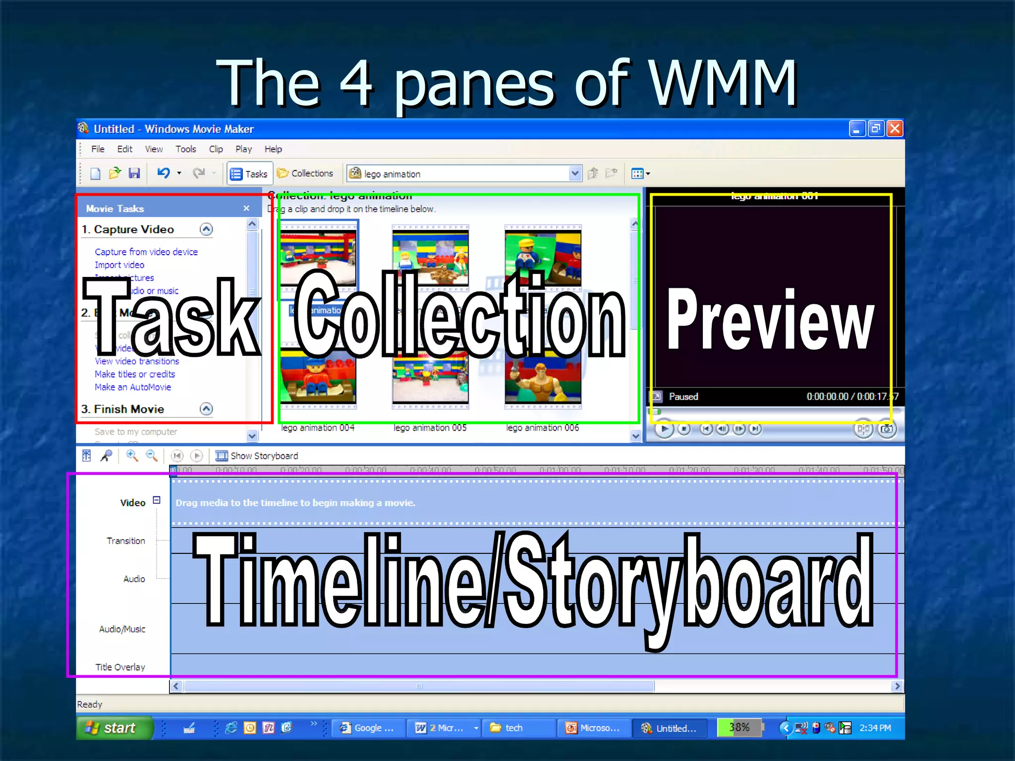 The 4 panes of WMM Task Collection Preview Timeline/Storyboard 