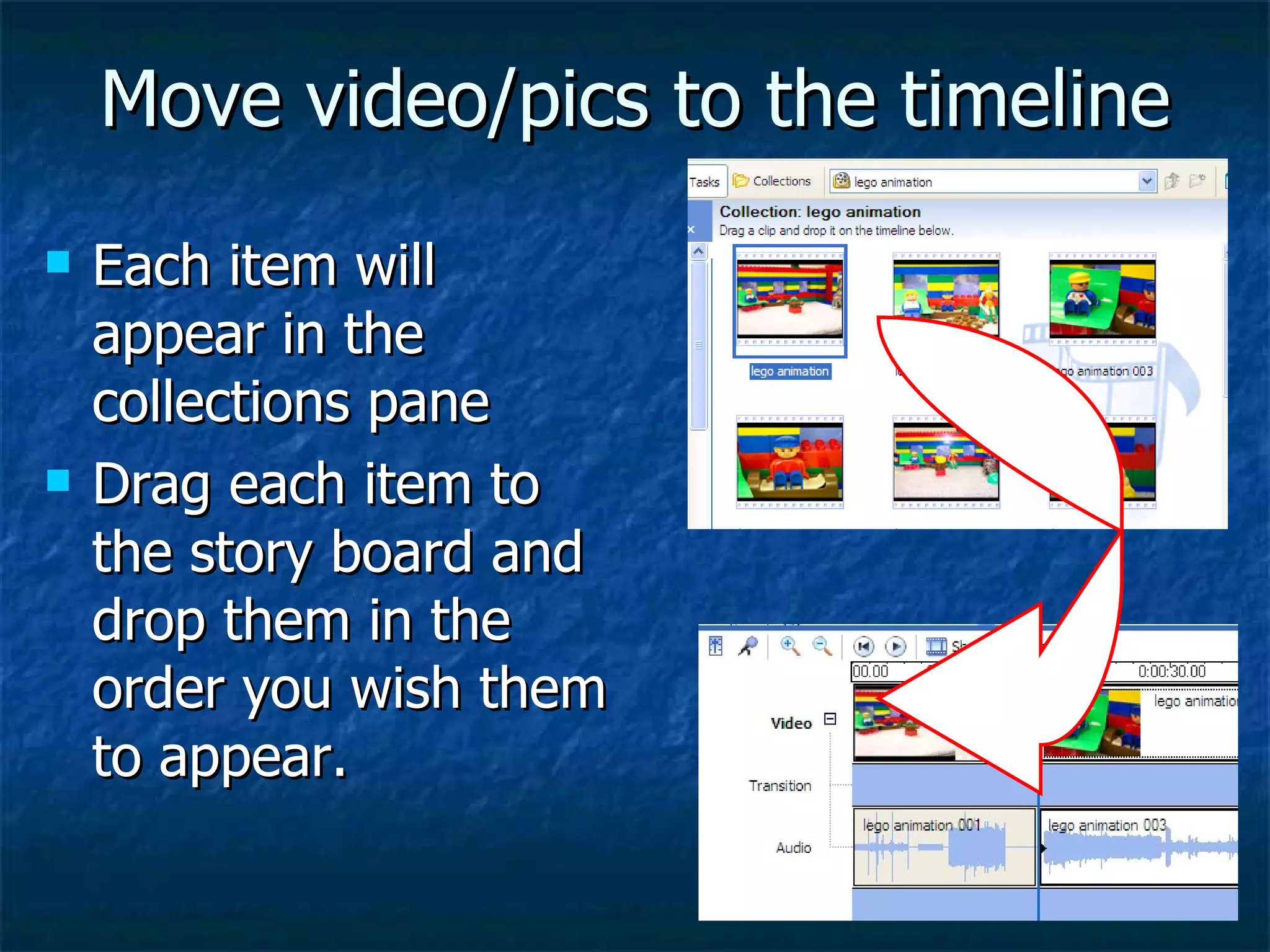 Move video/pics to the timeline Each item will appear in the collections pane  Drag each item to the story board and drop them in the order you wish them to appear. 