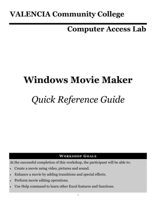 VALENCIA Community College

                                     Computer Access Lab




         Windows Movie Maker

              Quick Reference Guide




                                W ORKSHOP GOALS
At the successful completion of this workshop, the participant will be able to:
   Create a movie using video, pictures and sound.
   Enhance a movie by adding transitions and special effects.
   Perform movie editing operations.
   Use Help command to learn other Excel features and functions.

                                            1
 