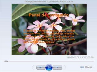 Panel de contenido


 El panel de contenido muestra clips, efectos
 o transiciones con los que trabaja mientras
 crea la película, en función de la vista en la
 que está trabajando. Puede cambiar la vista
 para mostrar miniaturas o detalles.
•El panel de contenido muestra clips,
efectos o transiciones con los que
trabaja mientras crea la película, en
función de la vista en la que está
trabajando. Puede cambiar la vista
para mostrar miniaturas o detalles.
 