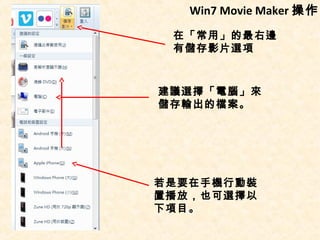 Win7 Movie Maker 操作
 在「常用」的最右邊
 有儲存影片選項



建議選擇「電腦」來
儲存輸出的檔案。




若是要在手機行動裝
置播放，也可選擇以
下項目。
 