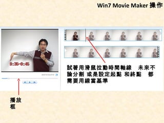 Win7 Movie Maker 操作




     試著用滑鼠拉動時間軸線 未來不
     論分割 或是設定起點 和終點 都
     需要用線當基準


播放
框
 